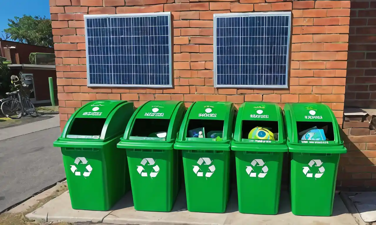 Auditorio, equipo industrial, contenedores de reciclaje, señales de prevención de la contaminación