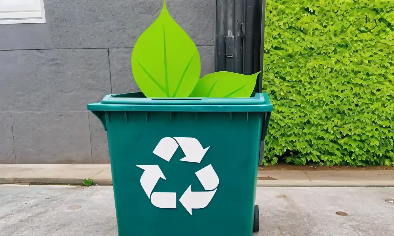 icono de hoja verde, símbolo de reciclaje, logotipo corporativo en un escritorio de madera