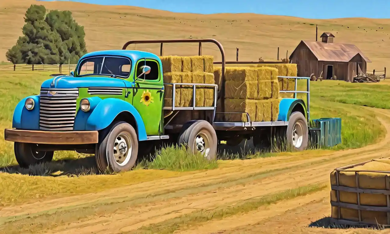 Tractor, remolque de ganado, pasto verde, puesta del sol