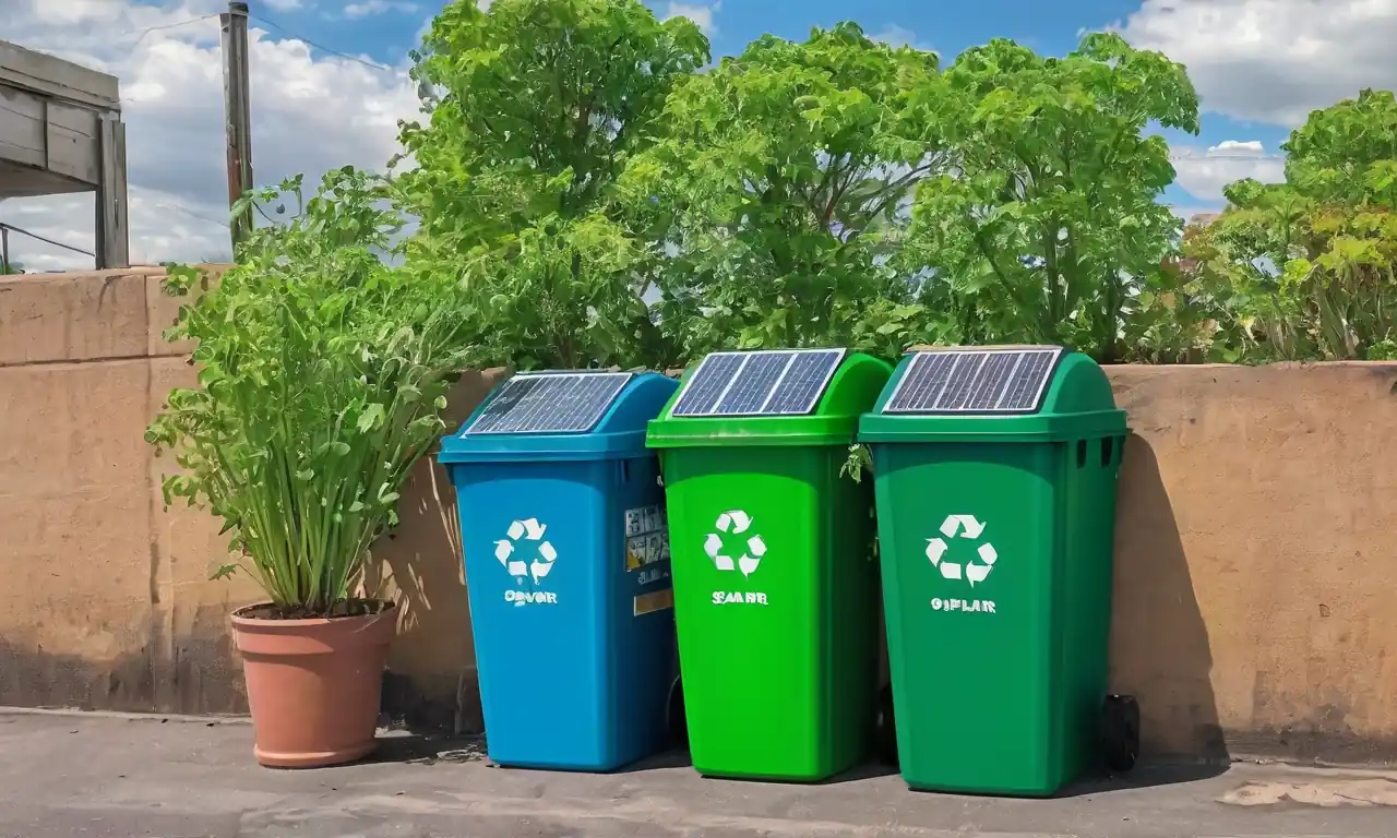 gotas de agua sobre hojas, contenedores de reciclaje, paneles solares, paisaje verde