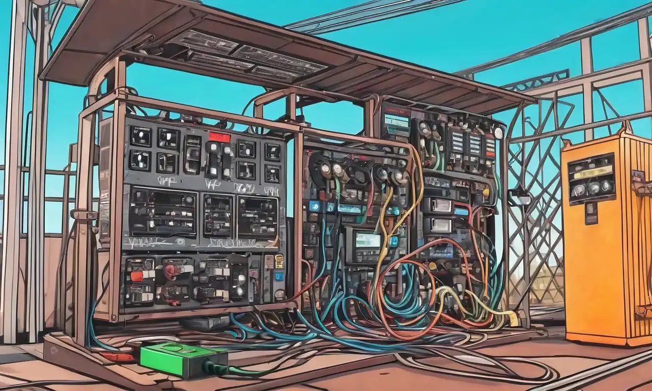 matriz de panel solar, banco de baterías, conexiones eléctricas y una pantalla de medidor