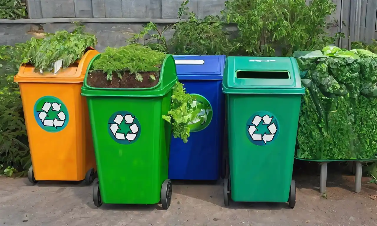 Logo sostenible, símbolo de reciclaje, planta verde, fondo minimalista