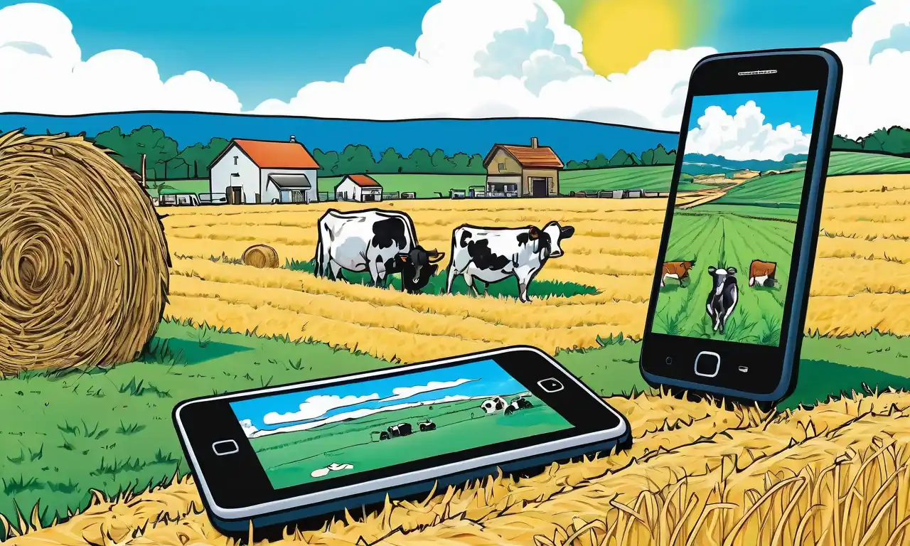 Paisaje rural, smartphone, iconos de redes sociales, productos agrícolas