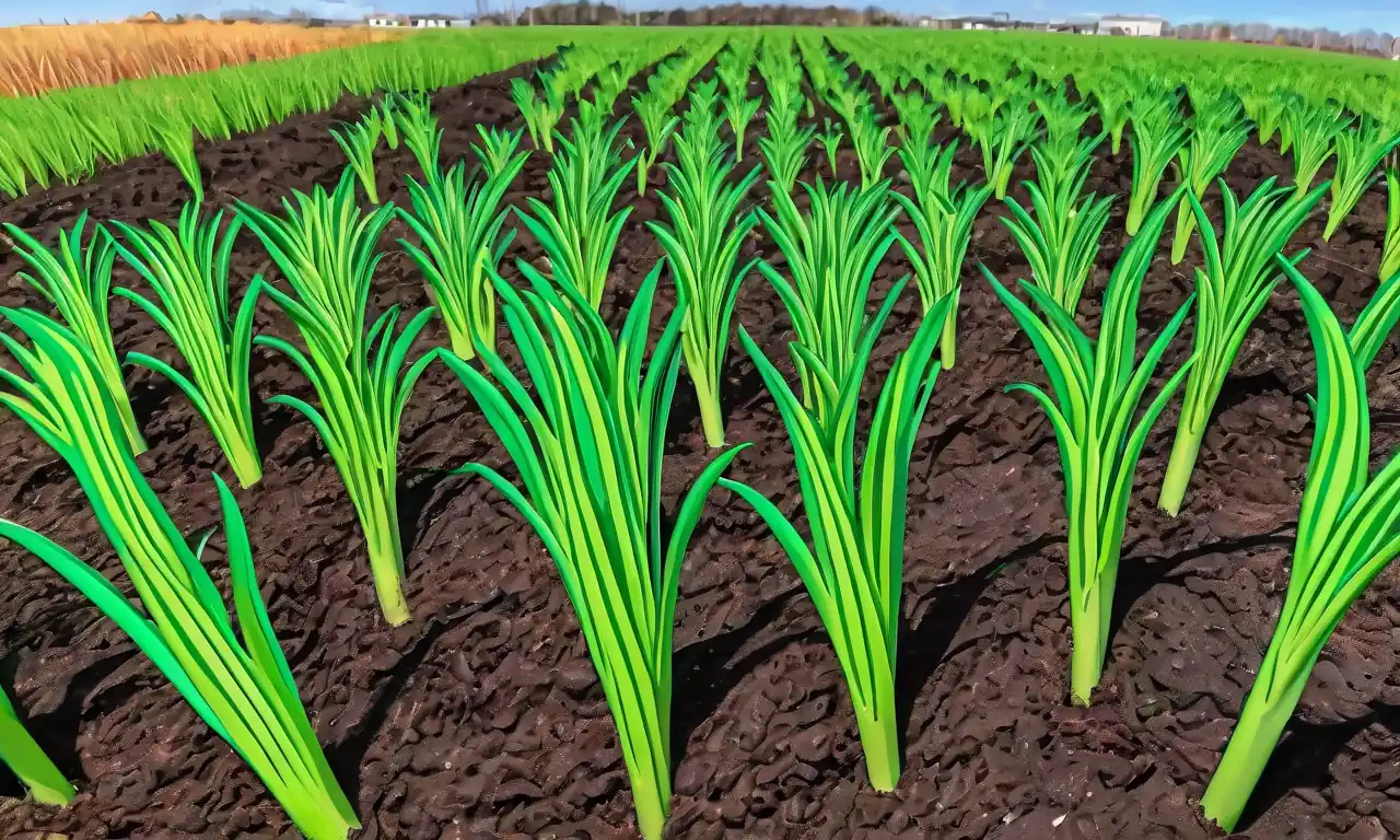 Semillas en medio de vegetación exuberante, pistas de tractor de granja en la distancia