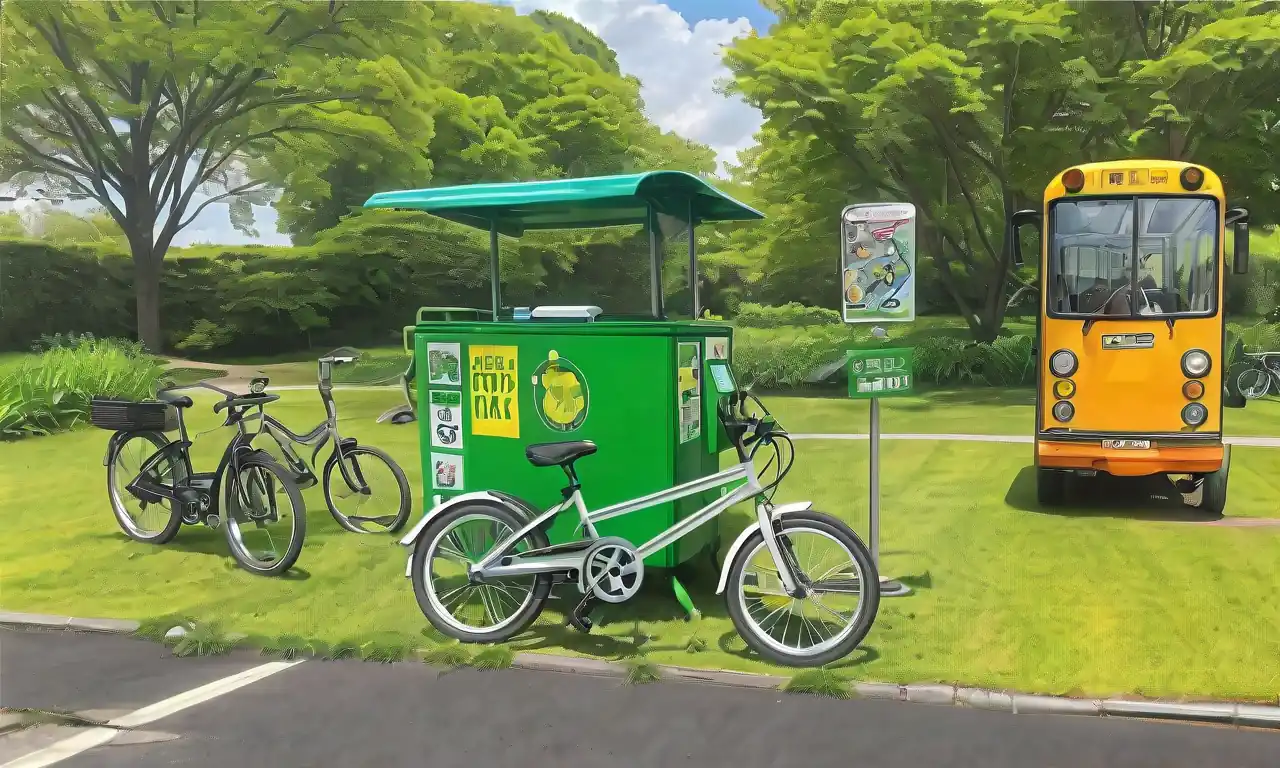 Bicicleta eléctrica, autobús, panel solar, paisaje verde