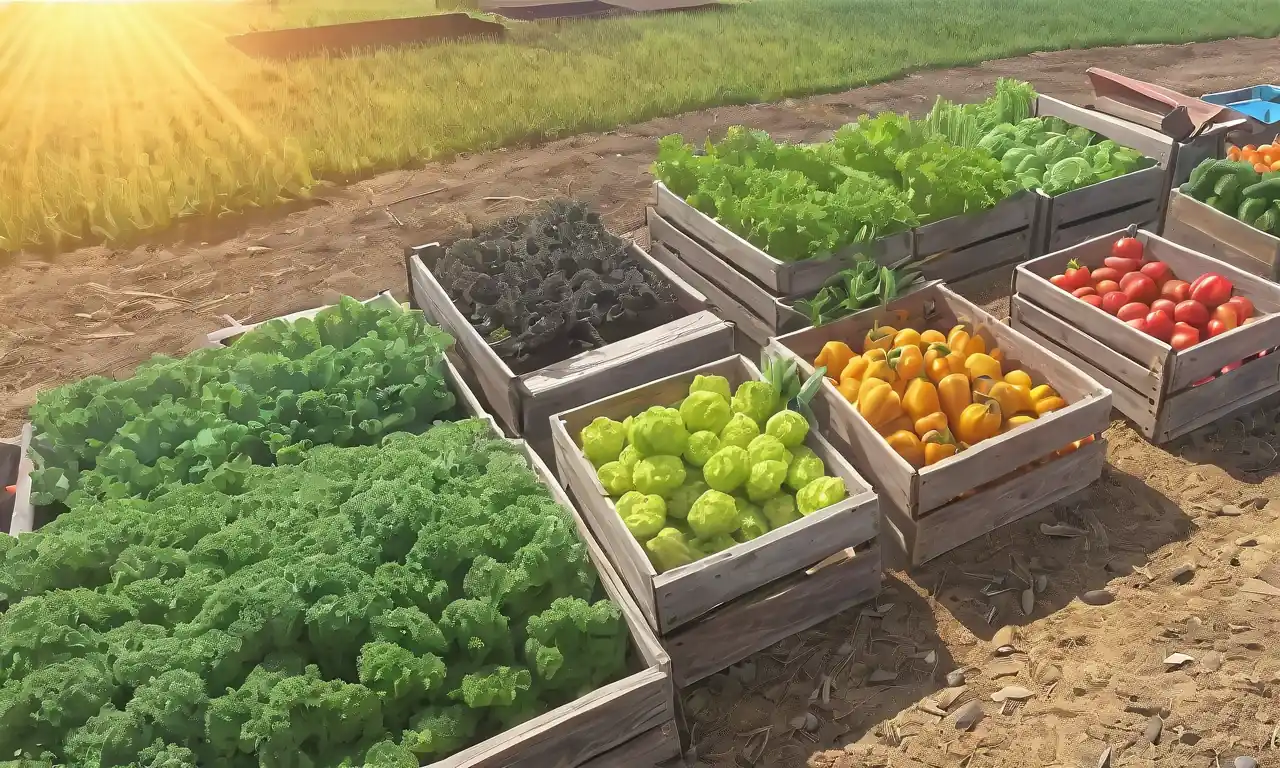 verduras frescas, cajas rústicas, logotipo de granja local, paisaje soleado