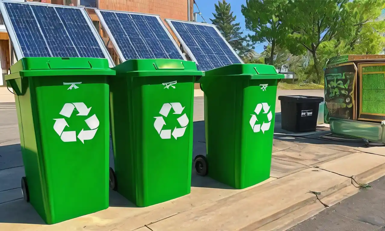 Cubos de reciclaje ecológicos, turbina eólica, paneles solares, paisaje verde