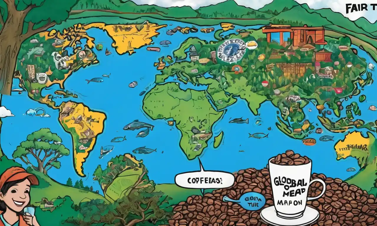 Productos de comercio justo, medio ambiente sostenible, embalaje ecológico y un mapa mundial