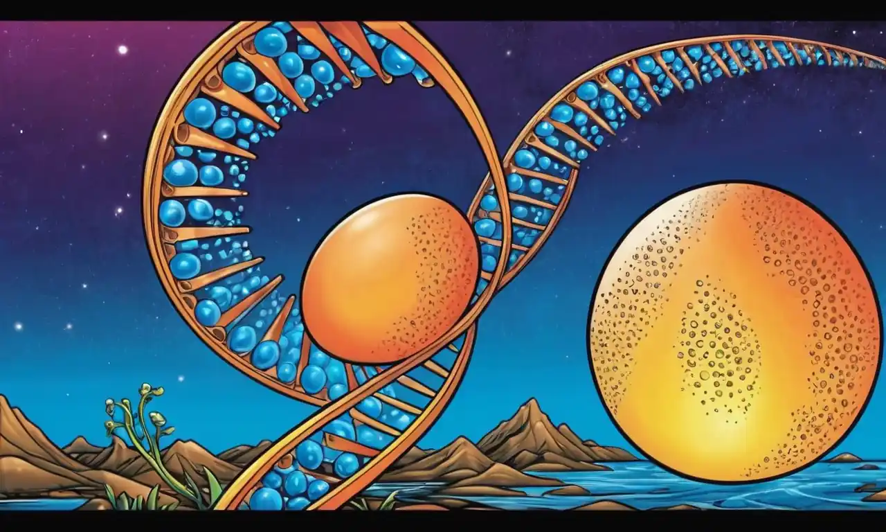 Símbolos genéticos, helix de ADN, células microscópicas, equipo de laboratorio