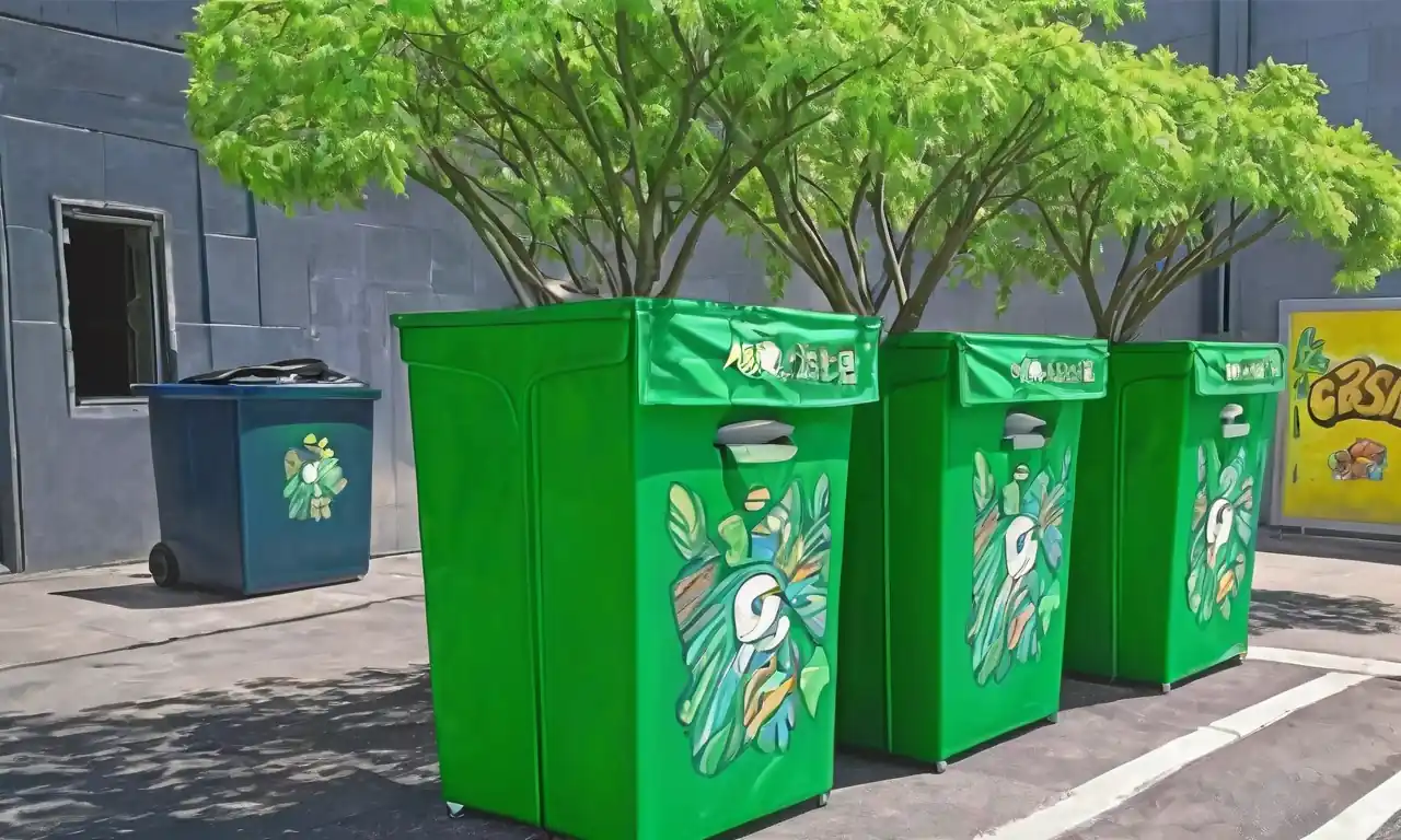 Reciclaje de contenedores, paneles solares, plantas verdes, logo de reciclaje azul