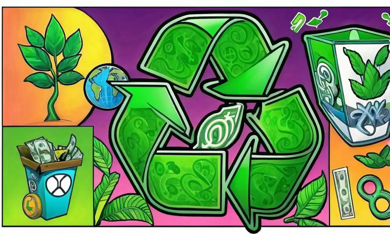 Productos ecológicos, hojas verdes, gráficos de negocios, señales de dólar