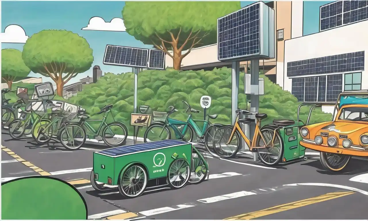 Carriles de bicicleta verde, faros solares, paradas de autobús con vegetación