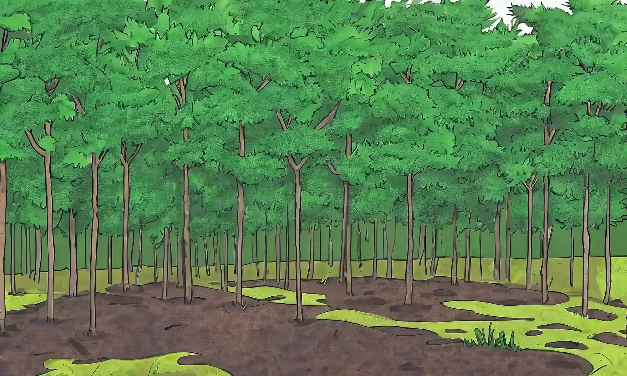 Paisaje de bosque verde, signo de madera, árboles, plato satélite, vida silvestre asiática