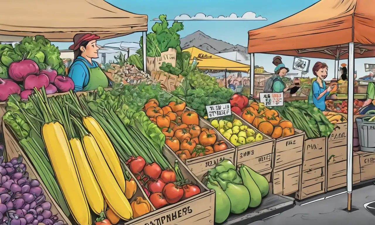 Local market stall, productos frescos, bolsa ecológica, soleada calle