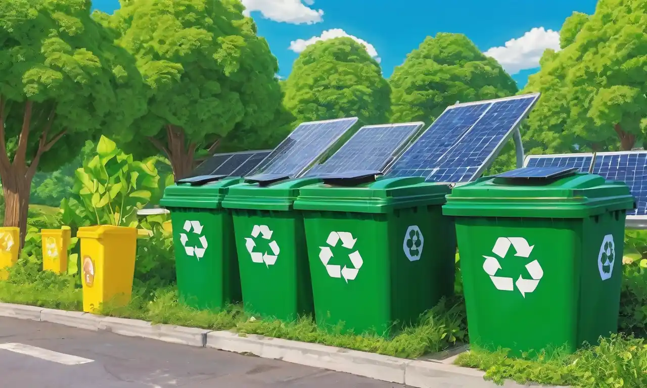 Cubos reciclables, plantas verdes, paneles solares, globo terrestre azul