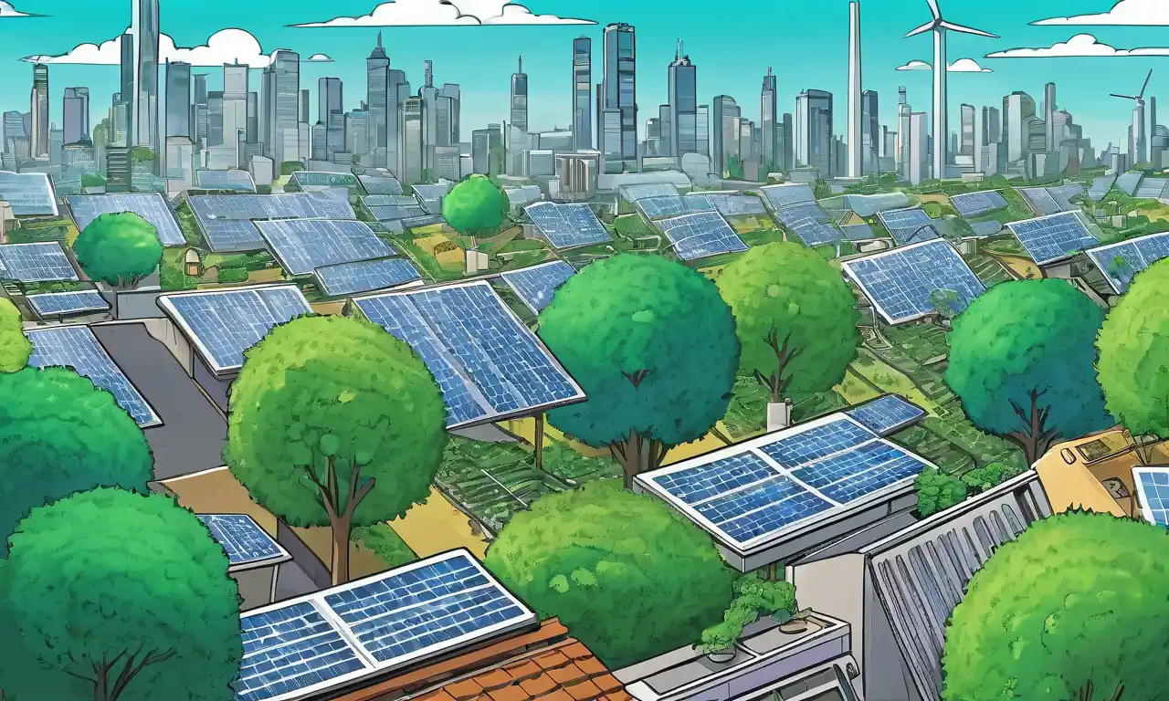 Electrodomésticos eficientes en energía, tabla verde, líneas de tendencia gráfica, silueta de paisaje urbano