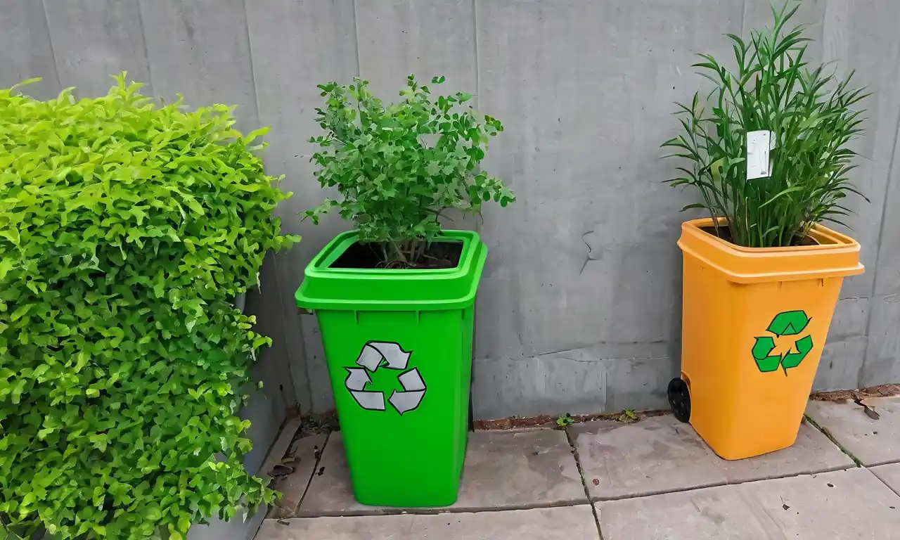 Papelera de reciclaje verde, materiales de embalaje sostenibles y logo ecológico en un entorno empresarial