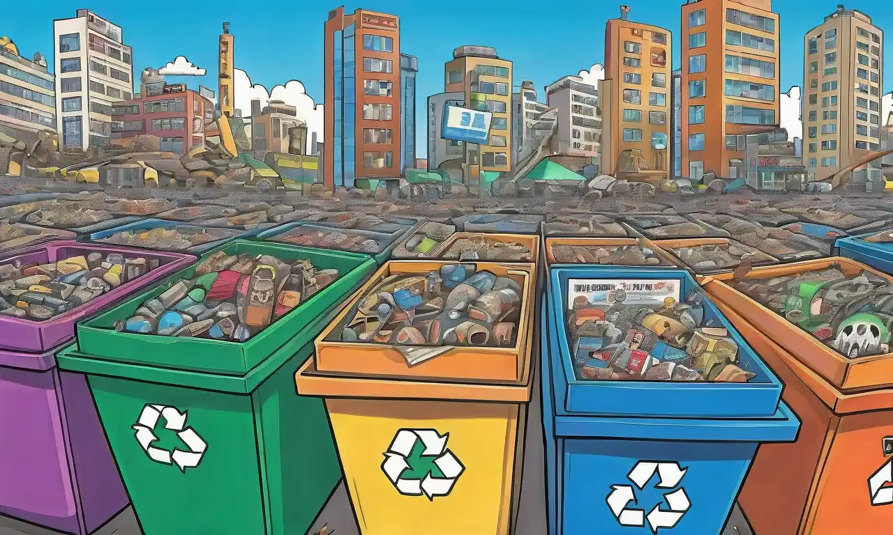 contenedores de desechos peligrosos, símbolos de reciclaje, maquinaria industrial, reglamentos ambientales