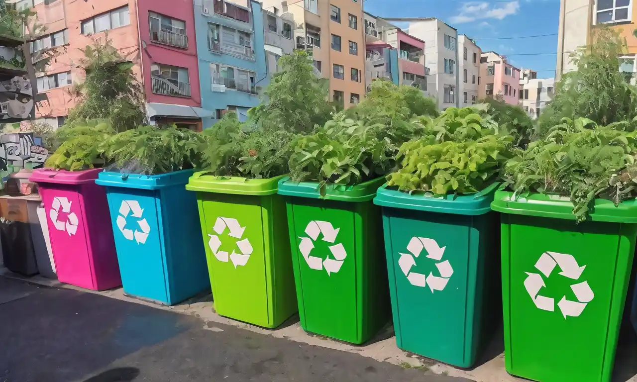 contenedores de reciclaje, paisaje urbano, espacio verde e infraestructura urbana