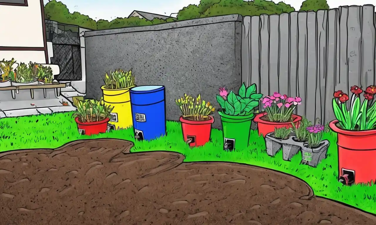 Componentes del sistema de riego, tanque de recogida de agua de lluvia, manguera de jardín, vegetación exuberante