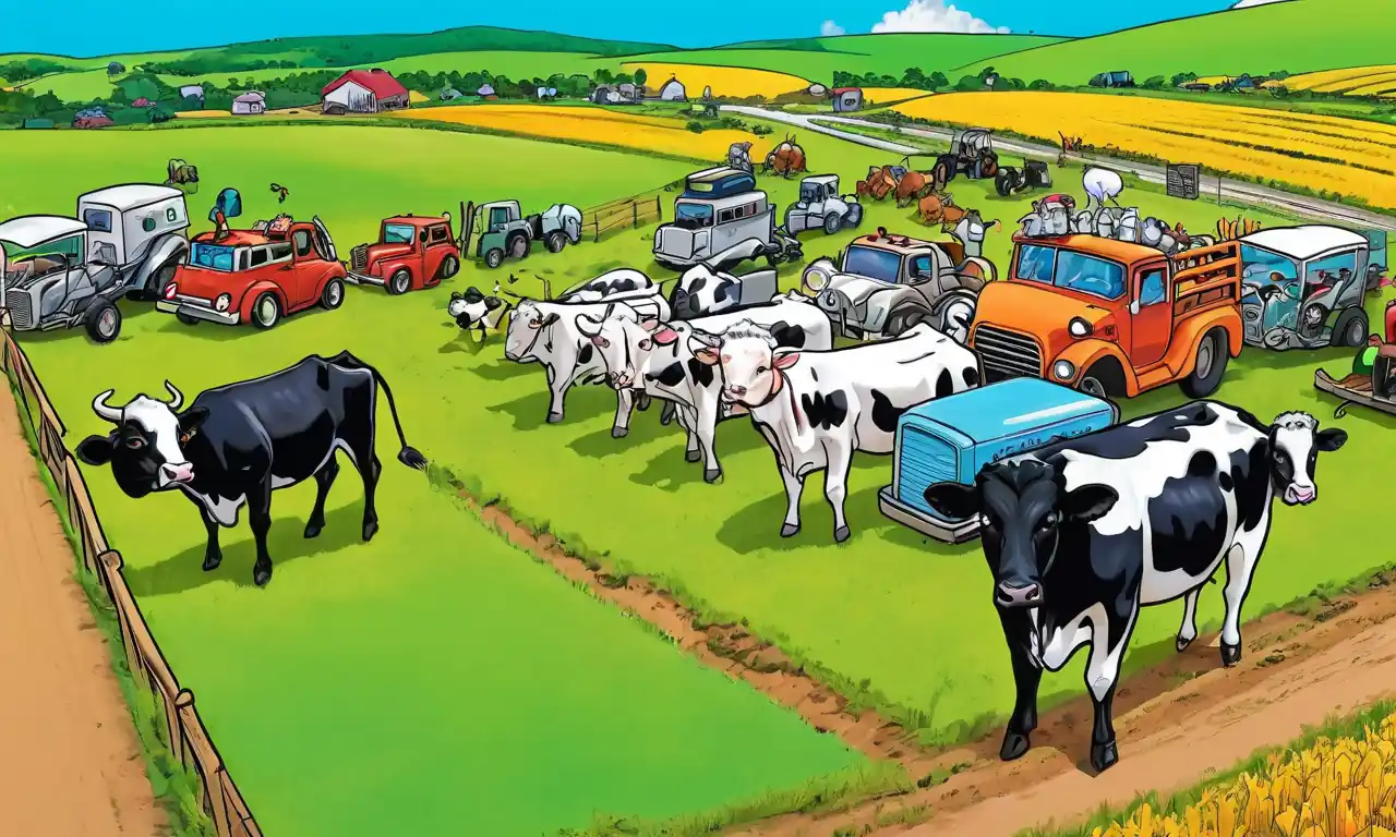 3D rendering of farm animals in AR environment, green pastures, wind turbines