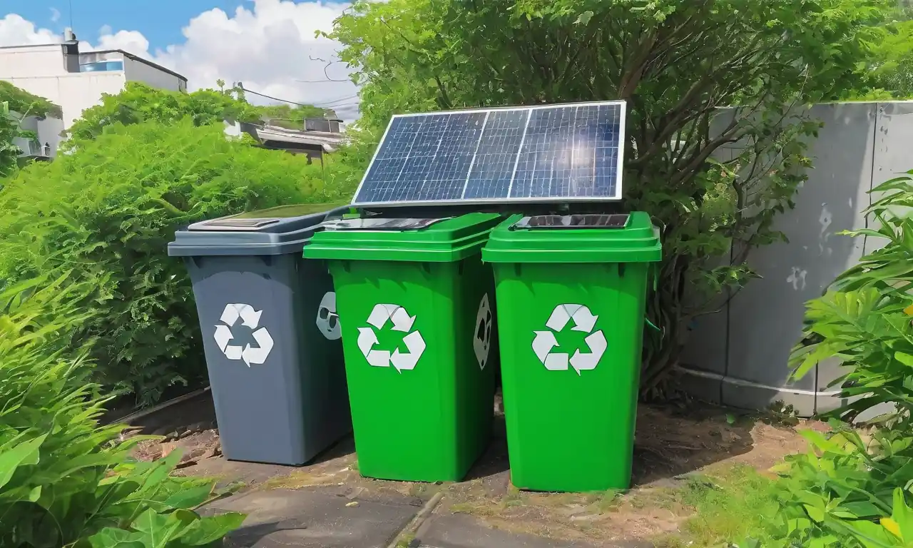 Cubos reciclables, paneles solares, turbinas de viento, bosques verdes, cielo azul