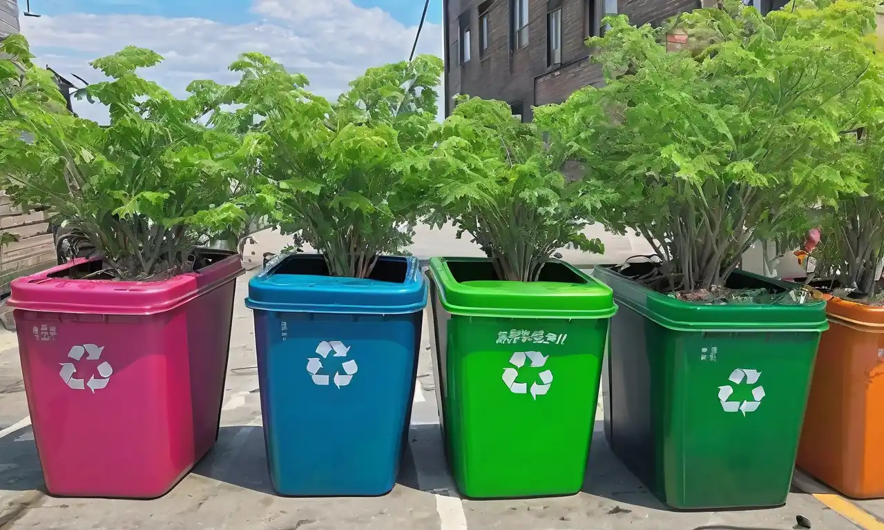 Cubos de reciclaje verdes, documentos sin papel, embalaje ecológico, iconos de sostenibilidad