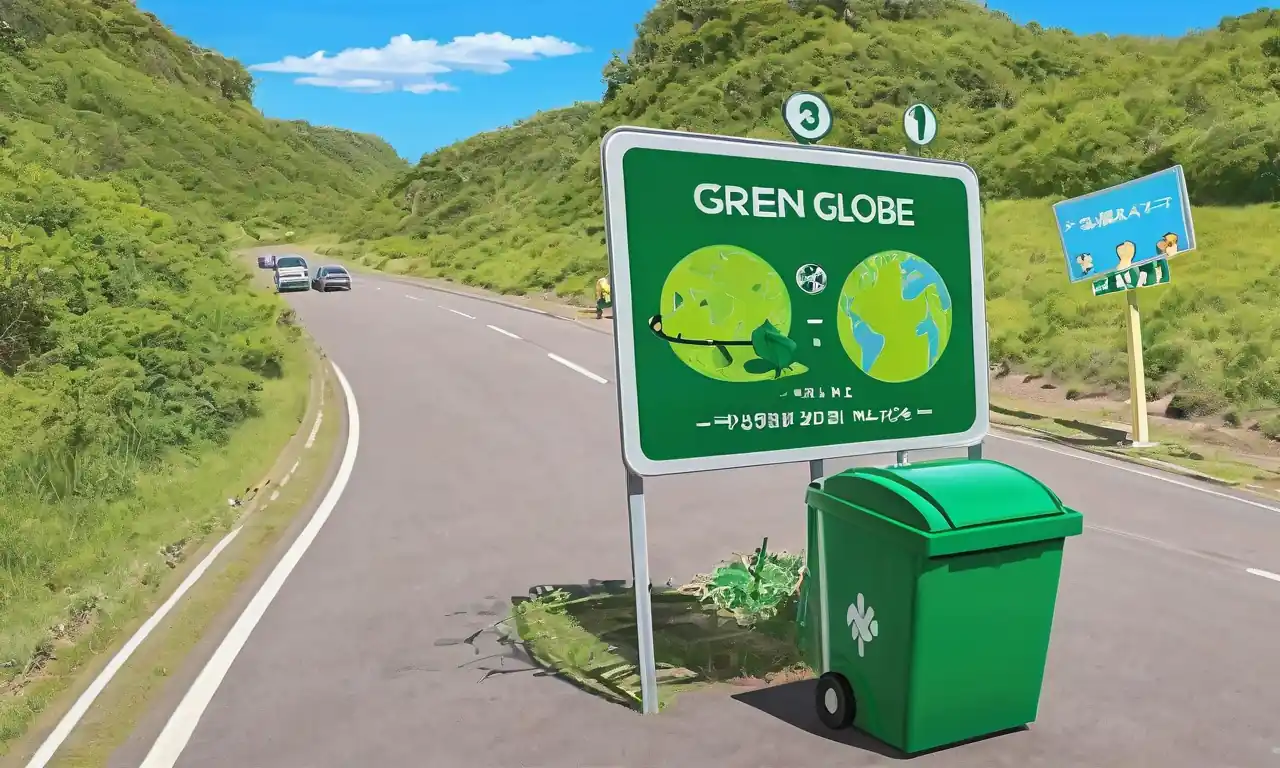 Globo verde, fragmentos de mapa, transporte ecológico, materiales reciclados