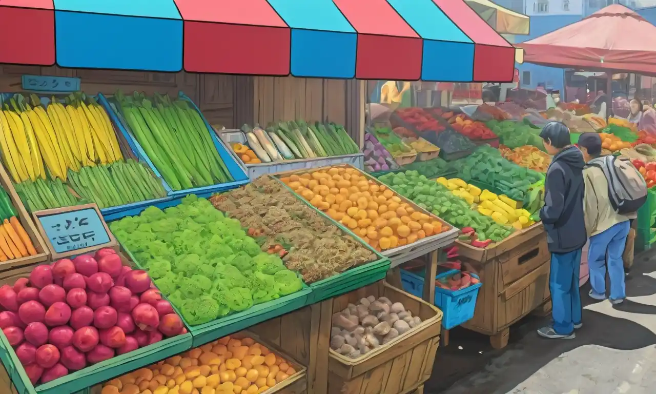 Establos de mercado local, cestas de productos frescos, escalas tradicionales