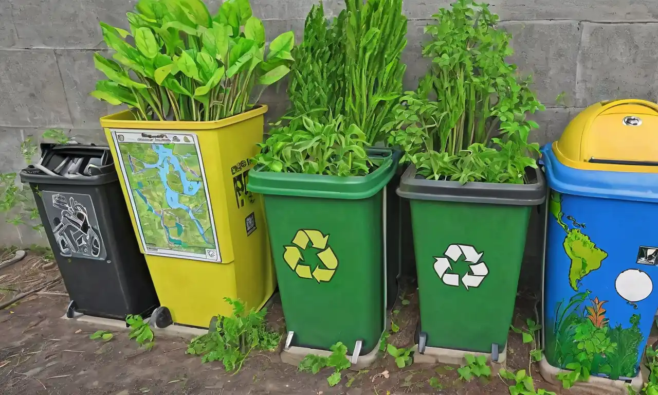 Bosque de malla, paneles solares, bicicleta, cubo de reciclaje, plantación de árboles