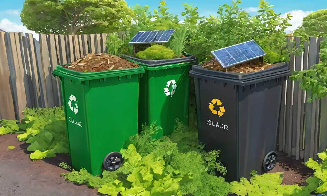 Reciclaje de contenedores, plantas verdes, paneles solares, envases biodegradables