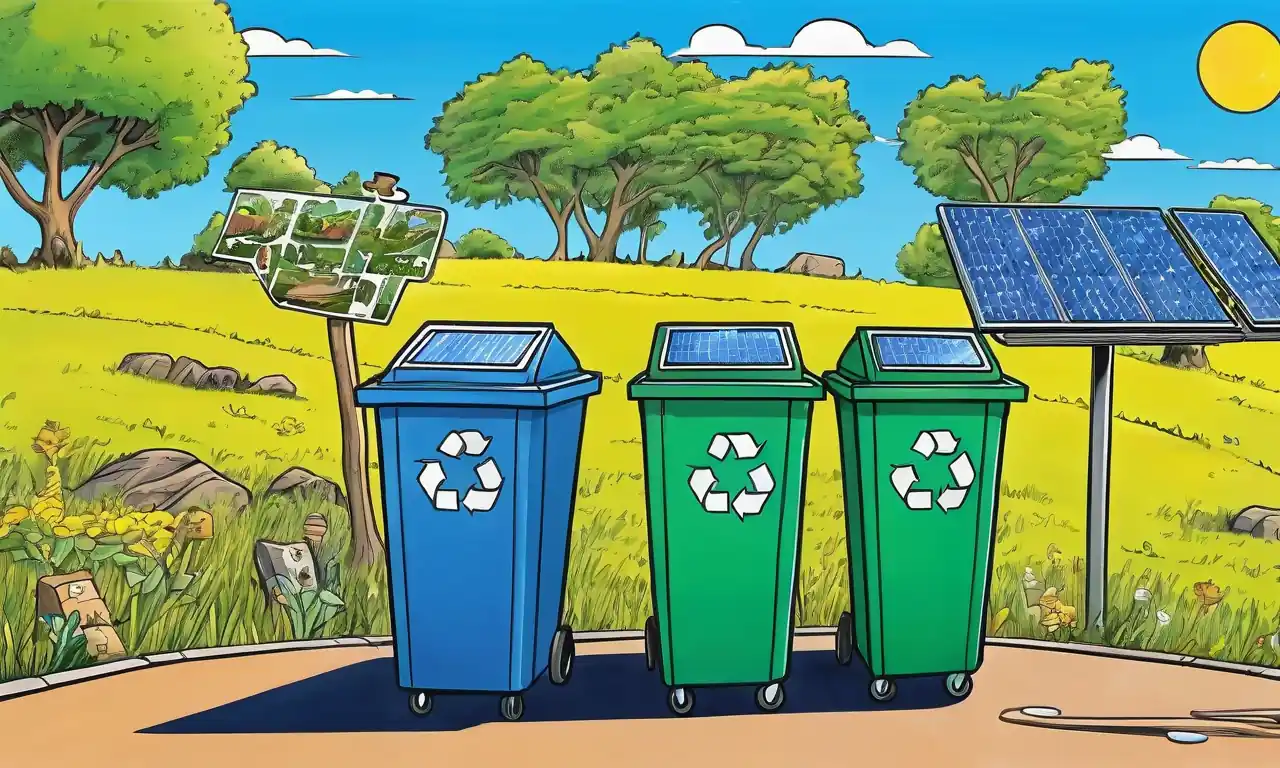 Señal ecológico, contenedores de reciclaje, vegetación, cielos azules y un parque nacional