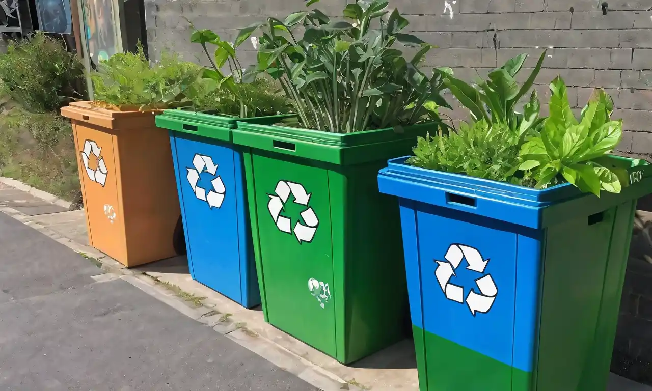 símbolos ambientales, contenedores de reciclaje, árboles verdes, iconos de reciclaje