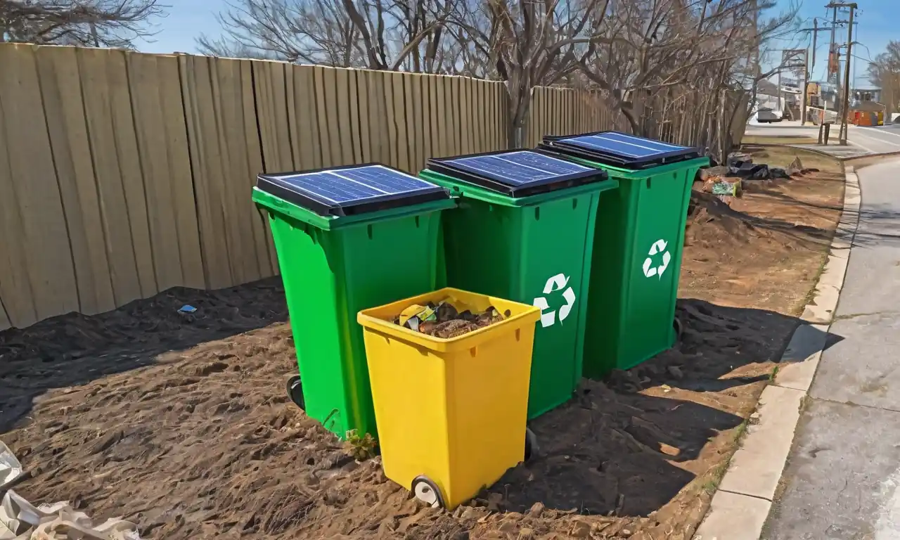 Botones de reciclaje, tierra verde, señales de alerta amarilla