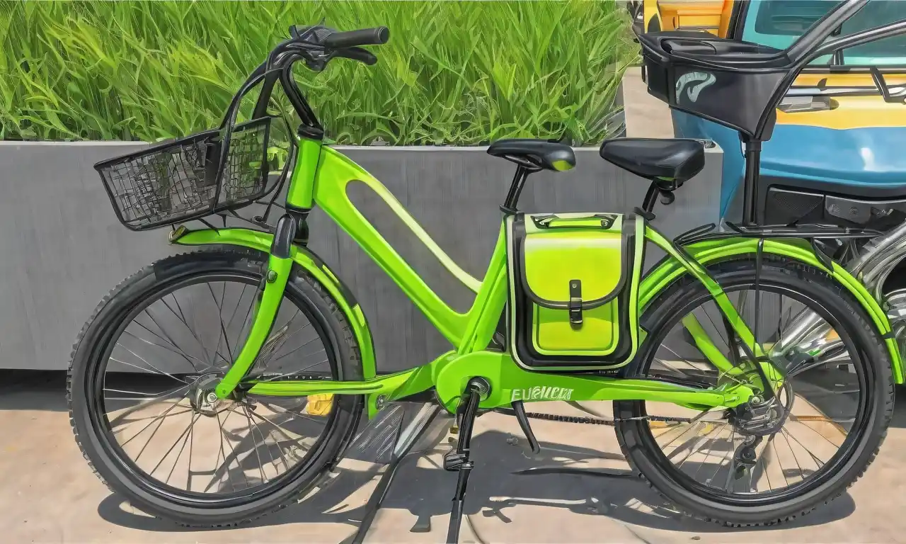 Bicicleta eléctrica, mapa de tránsito público, contenedor de reciclaje, edificio verde