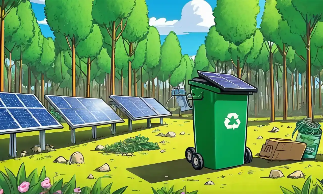 Cubo de reciclaje verde, paneles solares, cuchillas de turbina eólica, bosque sostenible