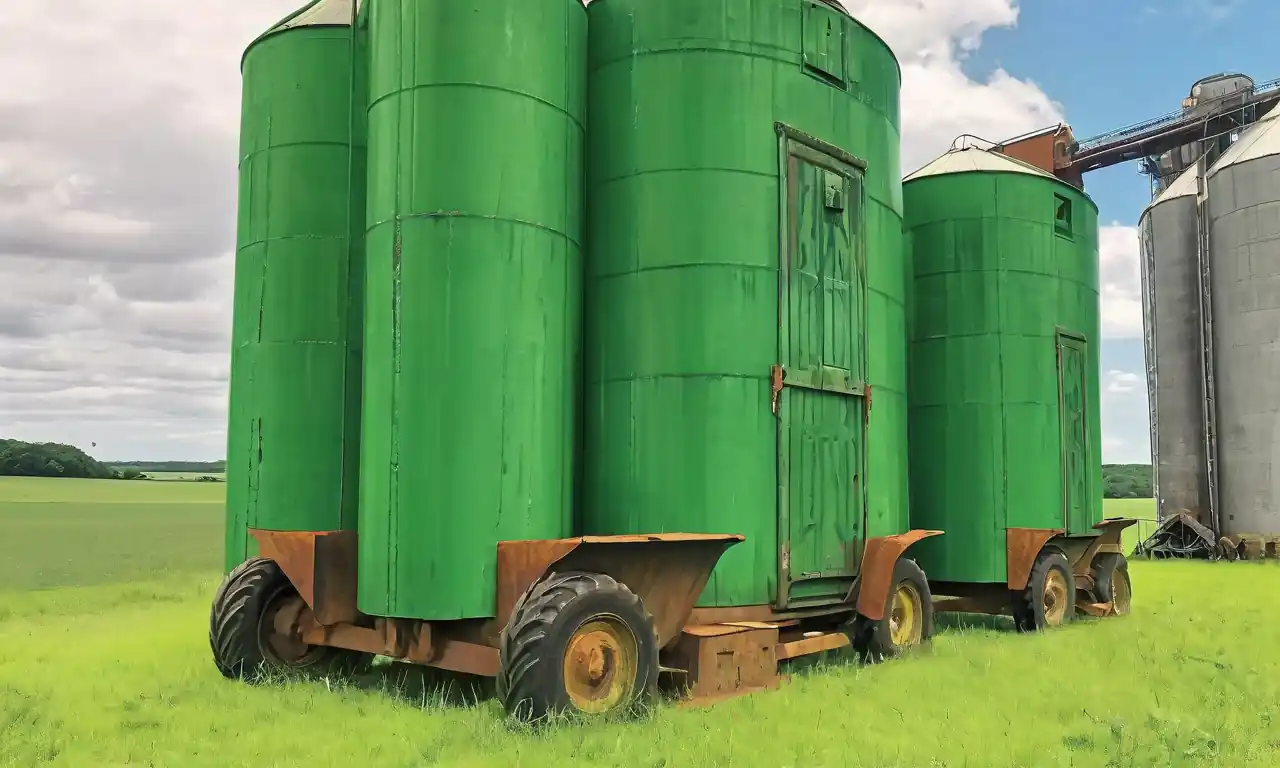 Silo pilas, contenedores de grano, paisaje rústico, brillo de puesta de sol