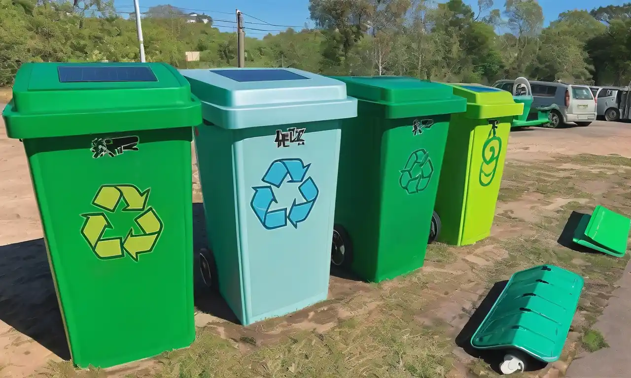 Etiquetas ambientales sobre productos en fondo verde, símbolo reciclable