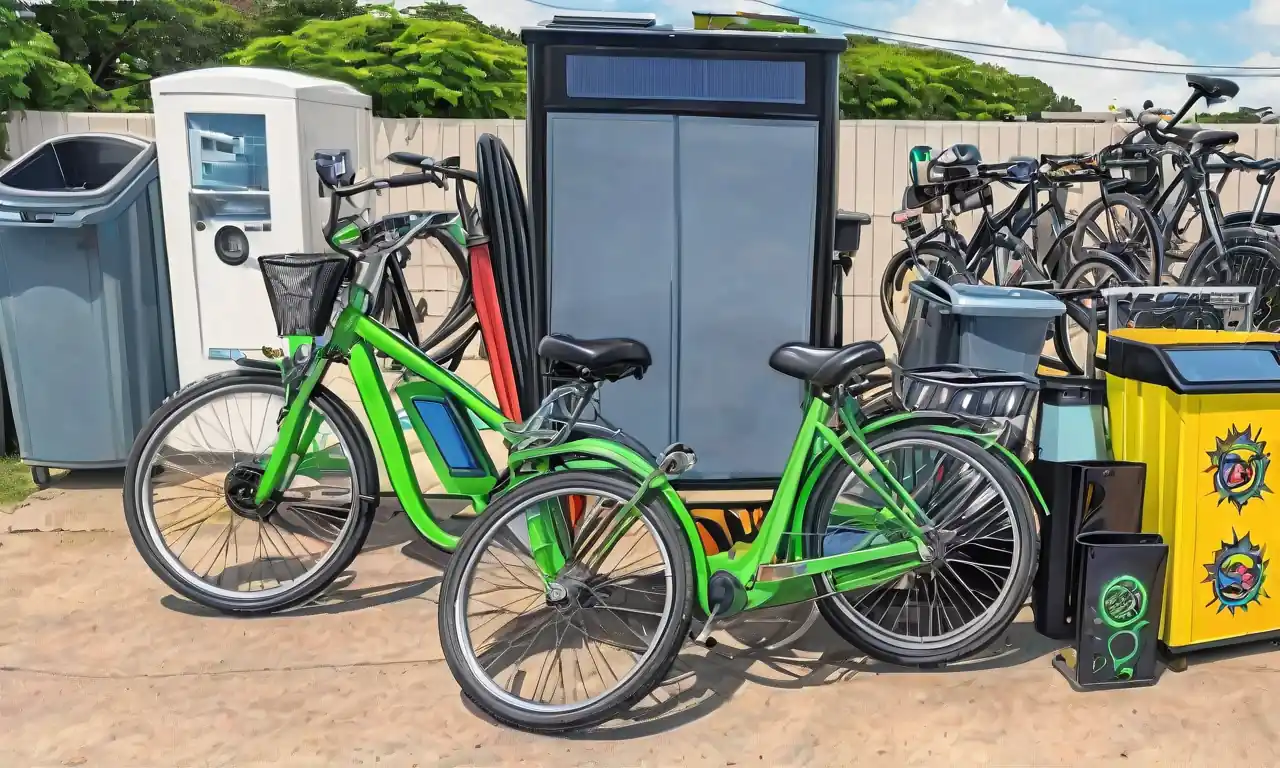 Bicicleta verde, turbina eólica, paneles solares