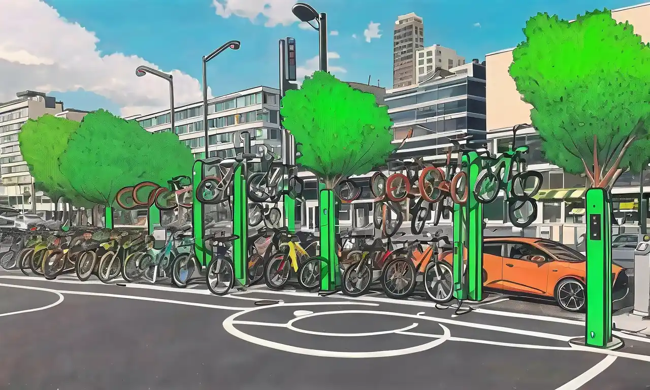 Paisaje urbano verde, coches eléctricos, bicicletas, señales de tránsito público