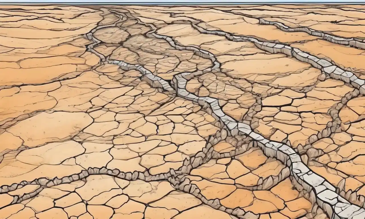 Paisaje erosionado, tronco de árboles estériles, grietas de tierra seca, crecimiento de plantas seca