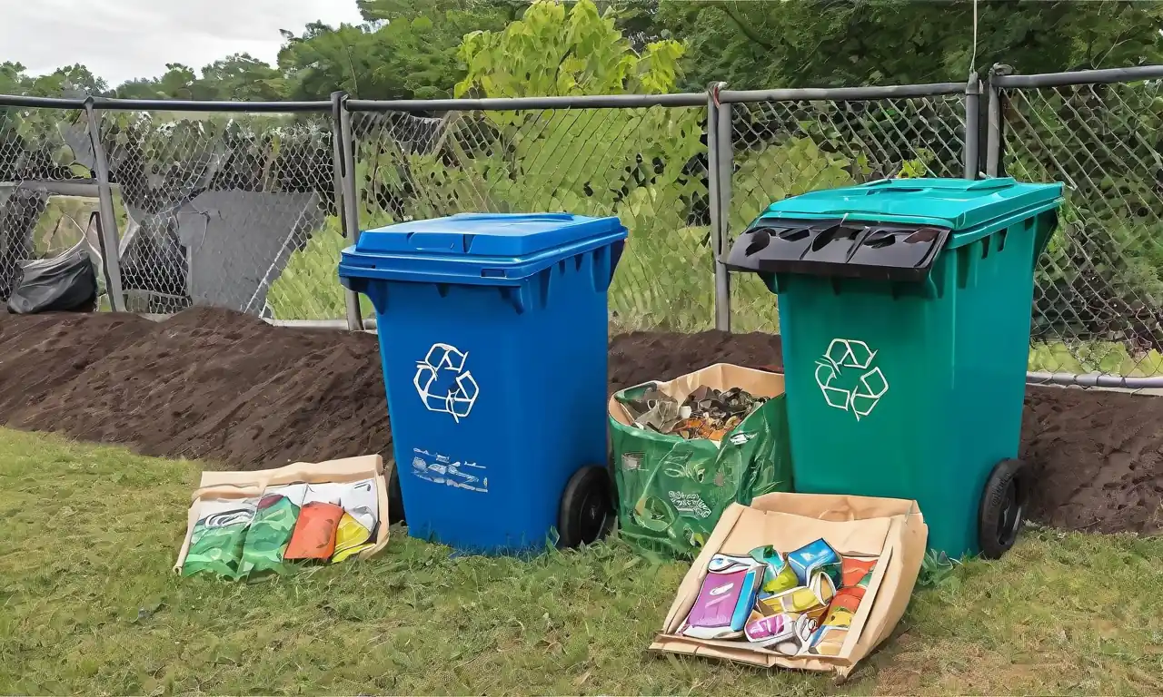 Papeleras, reciclaje de símbolos, bolsas de basura, verde globo terrestre