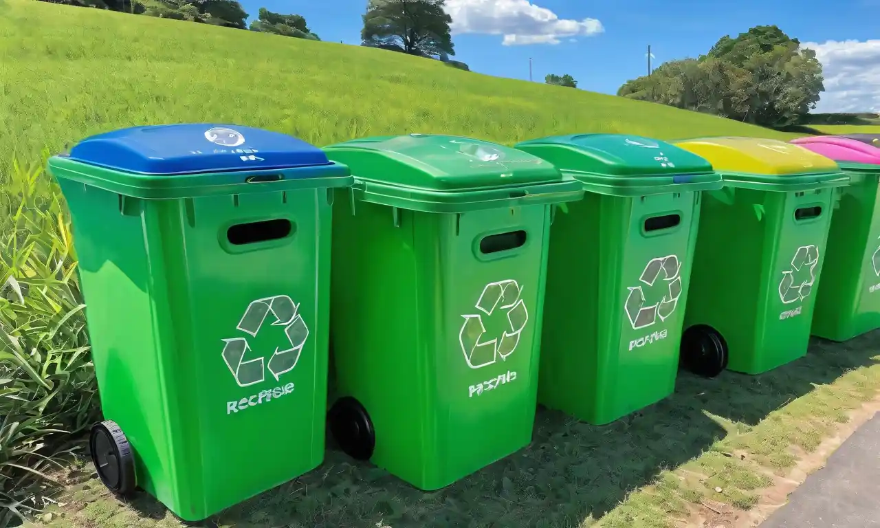 Reciclaje de contenedores, tierra verde, paisaje urbano, logo de reciclaje