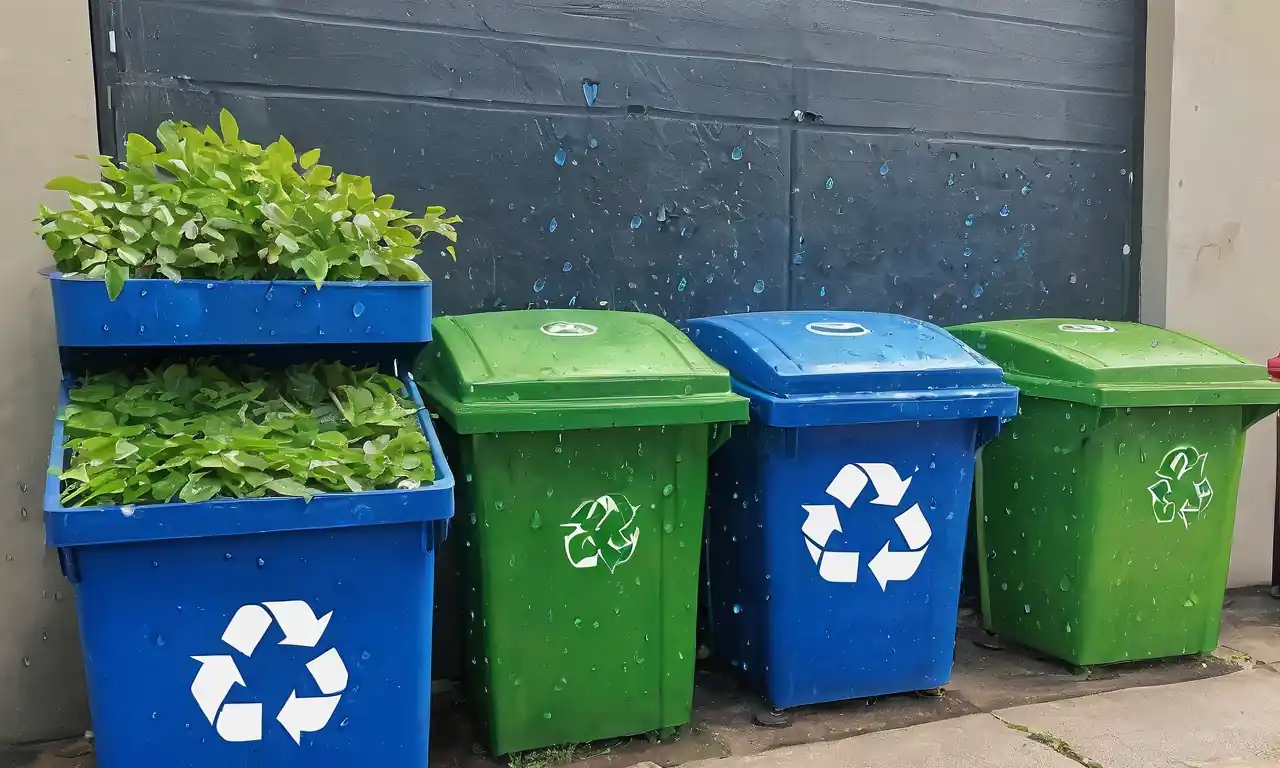 Daños, ciclos de agua, símbolos de reciclaje, vegetación y una onda sutil