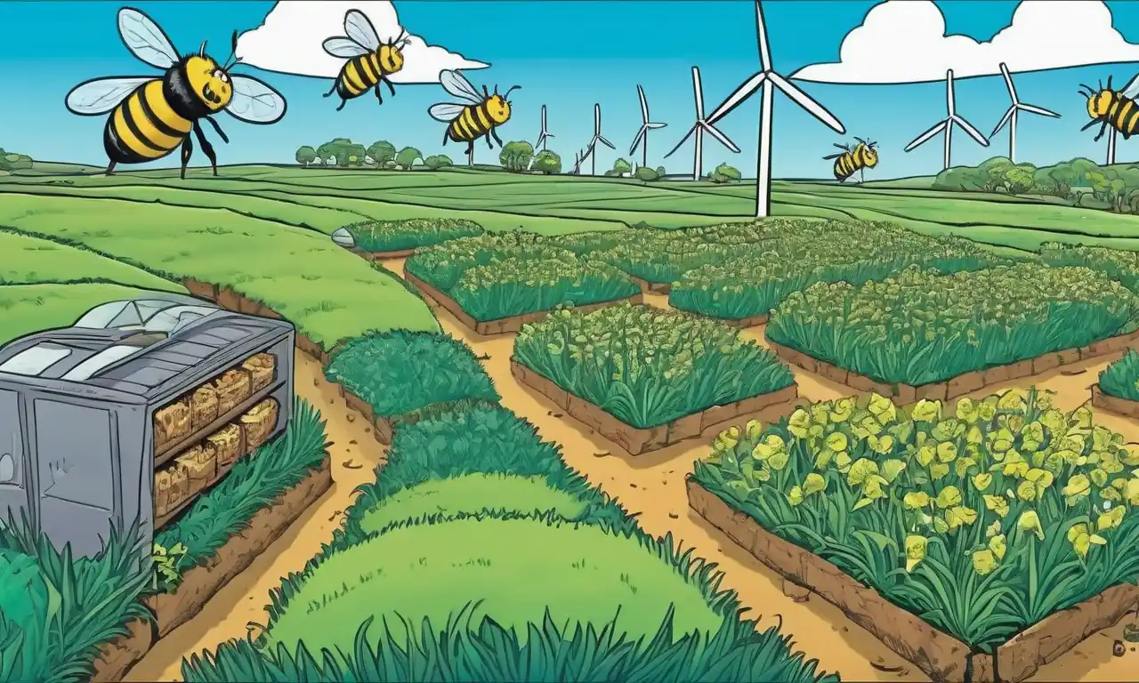 Campos verdes, sistemas de riego, herramientas de agricultura orgánica y colonias de abejas