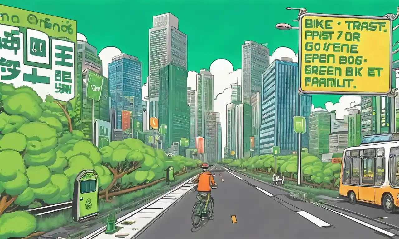 Paisaje urbano verde, autobuses, bicicletas, semáforos, señales de carretera