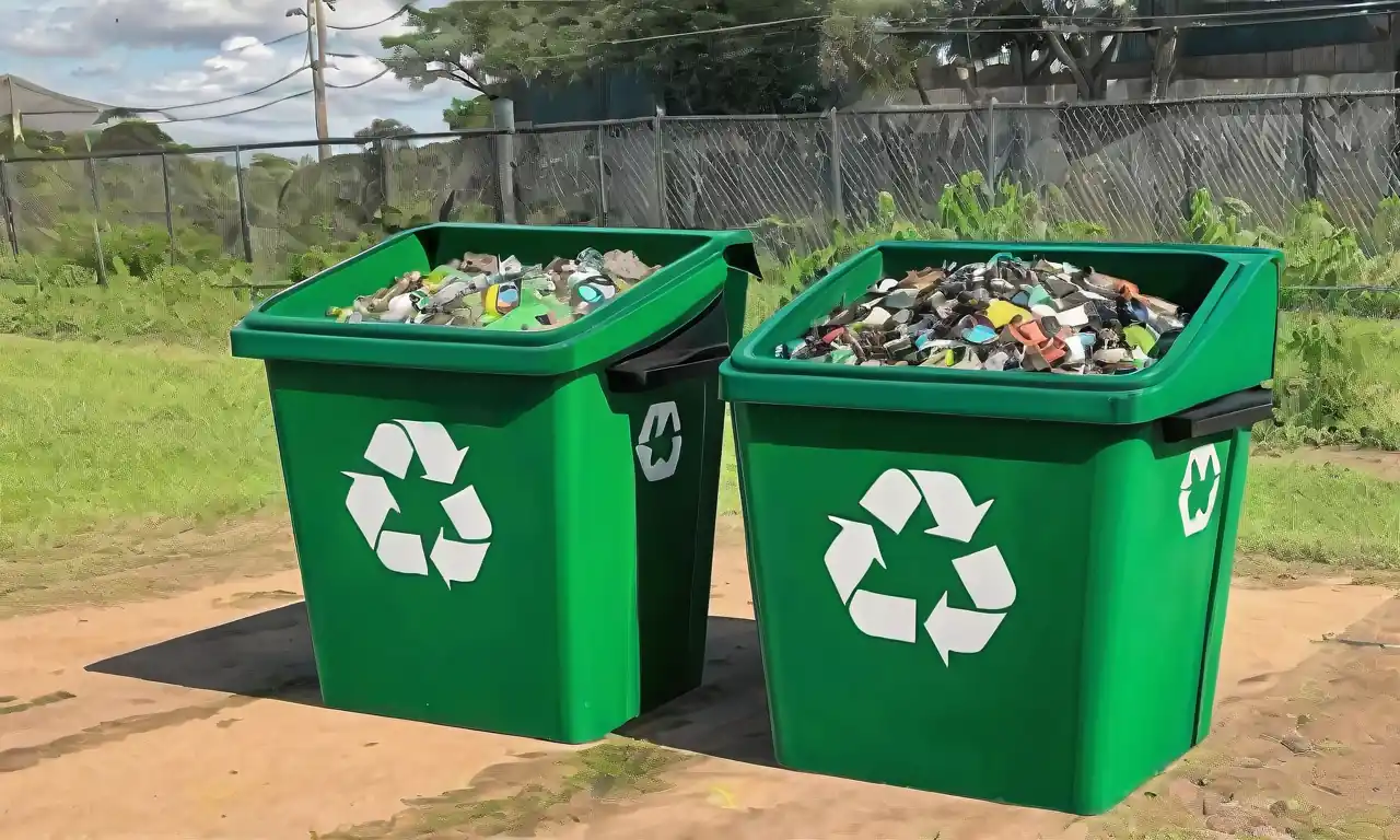 Escalas digitales, contenedores de reciclaje, maquinaria agrícola, paisaje agrícola