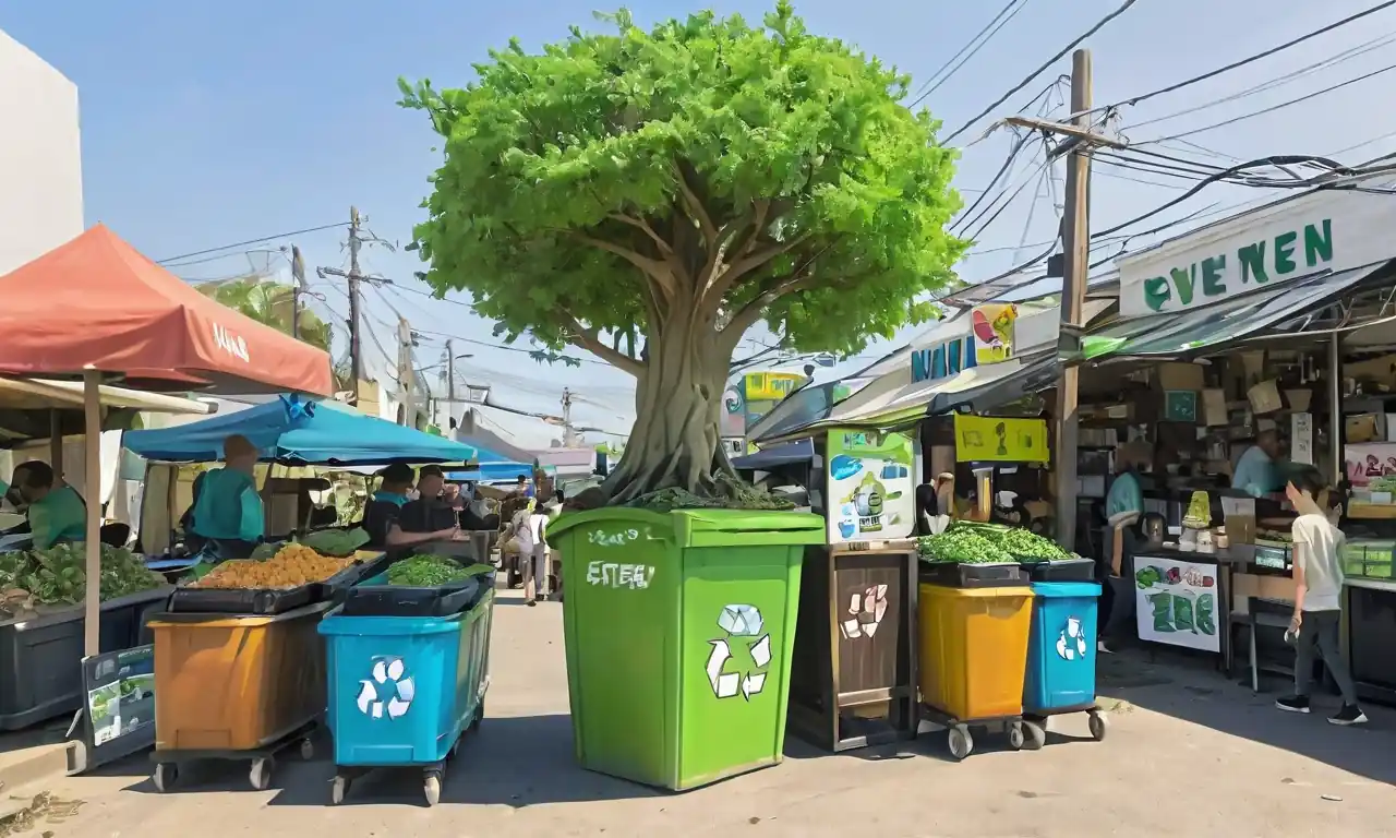 Plantas de hoja verde, embalaje ecológico, productos locales, mapas de huella de carbono