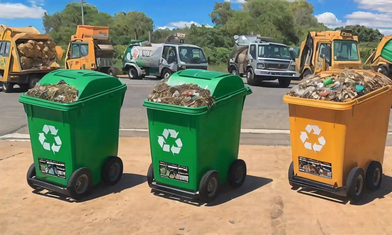 Reciclaje de contenedores, símbolo de reciclaje verde, fondo de paisaje urbano, logos de reducción de residuos