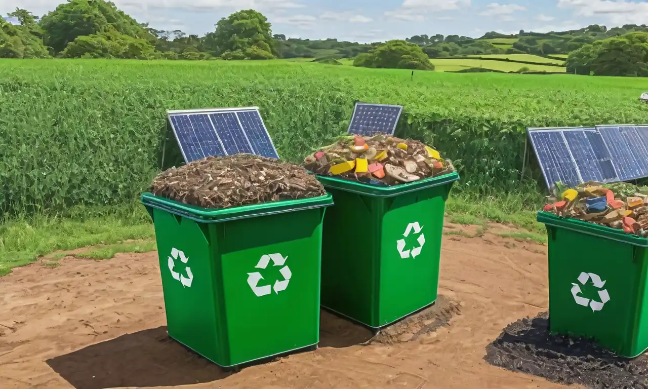 Reciclaje de contenedores, turbinas de viento, paisaje verde, clasificando símbolos